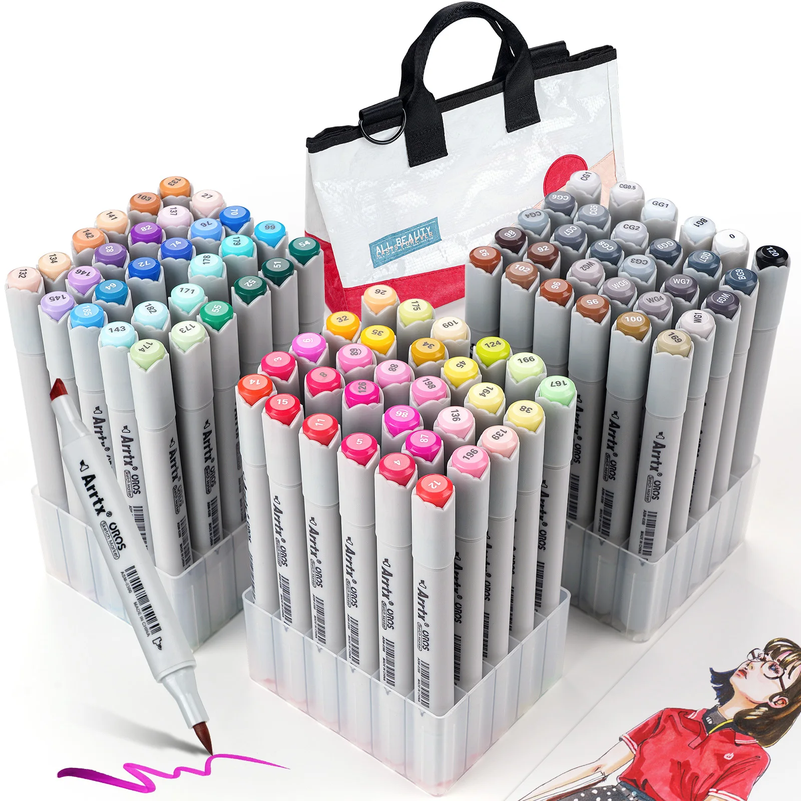 

Arrtx OROS 90 Colors Alcohol Art Markers Brush and Chisel Tips Permanent Artist Alcohol-Based Sketch Markers with Woven Bag