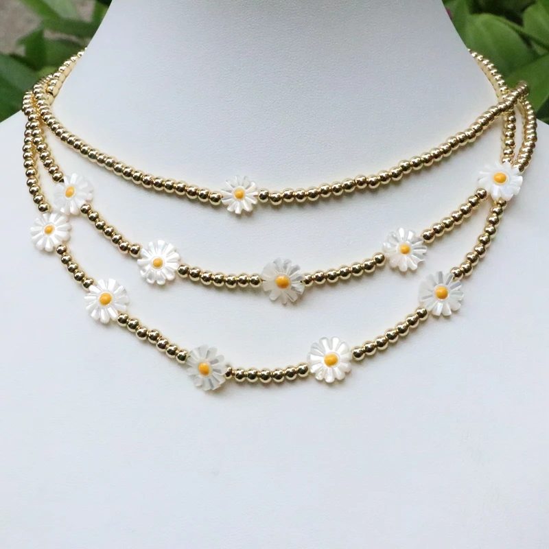 5Pcs Boho Daisy Flower Charm Beads Necklace For Women 4mm Gold Ball Beaded Choker Necklaces Female Jewelry Gift