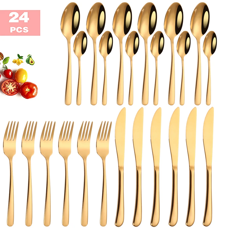 

24pcs Cutlery Set 18/10 Stainless Steel Dinnerware Sets Golden Knife Fork Spoon Silverware Flatware Set Devices Dishwasher Safe