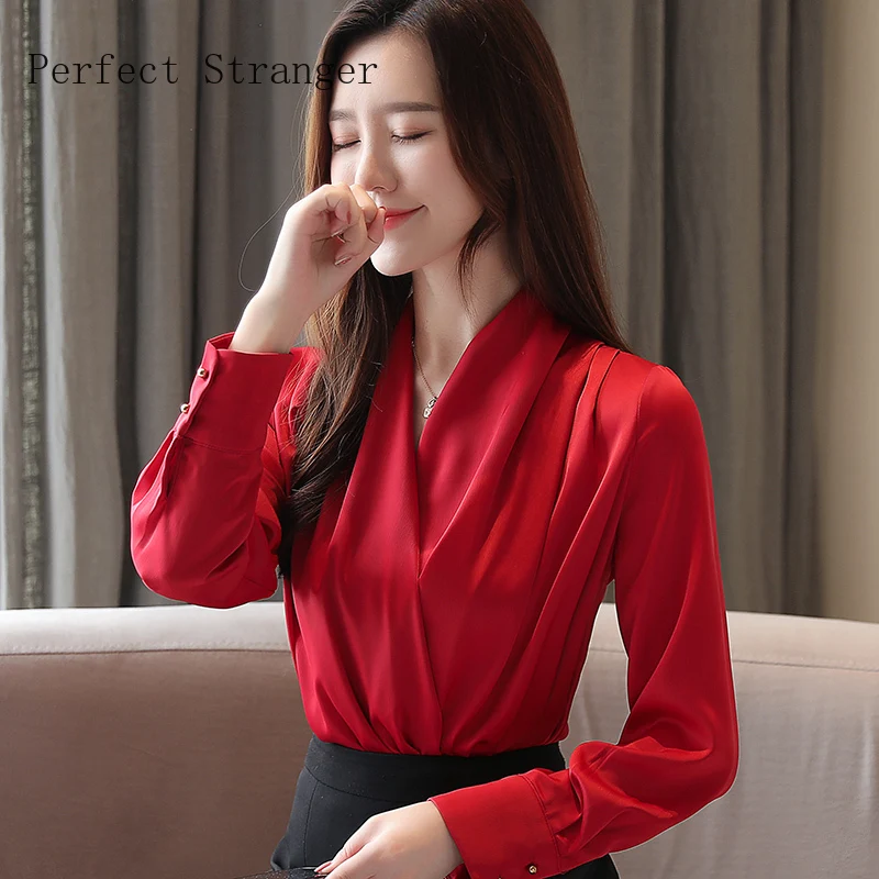 

2020 New Arrival Elegant Korean Hot Sale V Collar Long Sleeve Satin Blouse