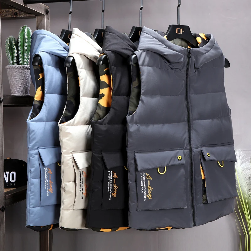 

2021 Winter Camouflage Vest Men Both Side Wear Thicken Warm cotton-padded Hooded Solid Color Big Pockets waistcoat 4XL 5XL 6XL