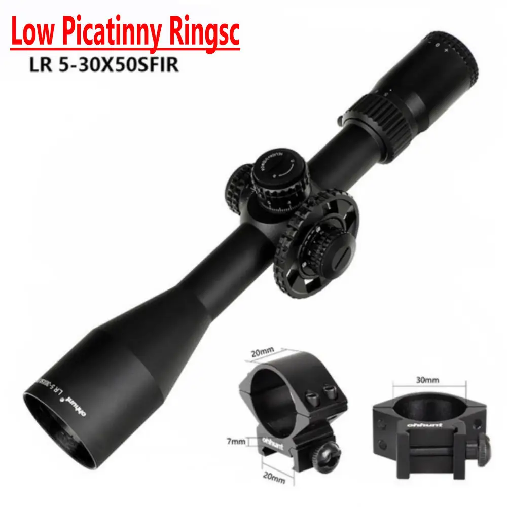 Low Picatinny Rings Тактический ohhunt LR 5-30x50 SFIR охотничий прицел стекло травление сетка Красная подсветка Боковая регулировка параллакса турреты замок Сброс прицел - Цвет: Low Picatinny Rings