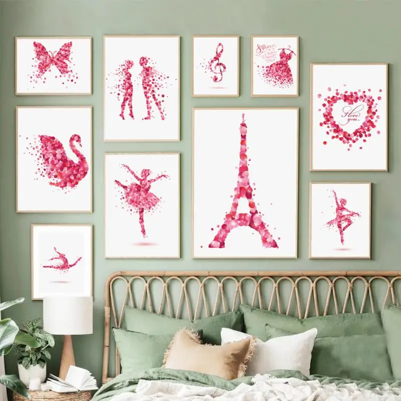 

Nordic Pink Watercolor Painting Ballet Girl Swan Paris Tower World Map Wall Art Canvas Painting Modern Poster Home Decoration