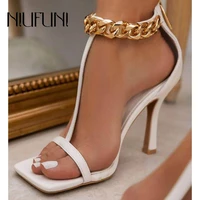 sexy metal chain white womens high heels sandals square toe female party shoes sandalias de mujer gladiator zipper women shoes