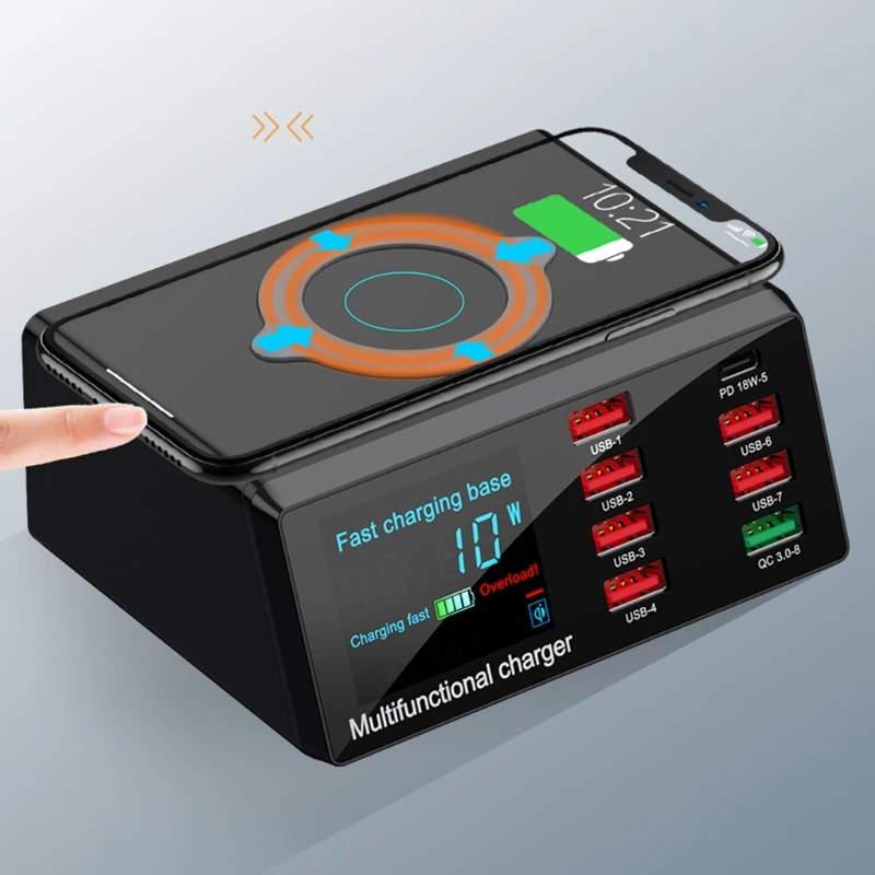 

8Ports QC 3.0 USB & Type C PD Fast Charger Adapter 10W Wireless Charger Station Digital Display for Mobile Phone Tablet