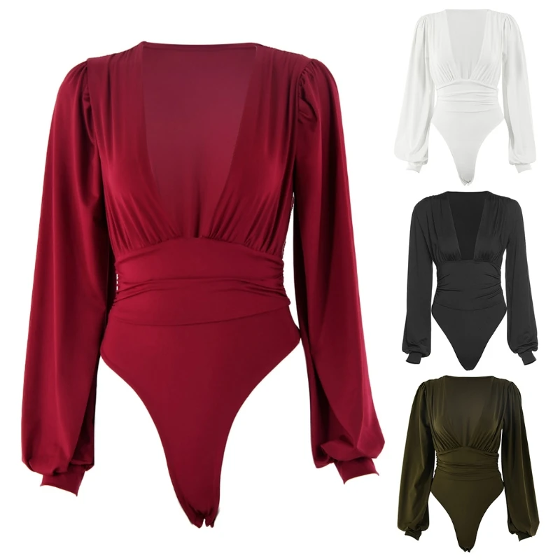 

KLV New Women Vintage Puff Long Sleeve Bodysuit Sexy Plunge Deep V-Neck Solid Color Leotard Bodycon High Cut One-Piece Jumpsuit