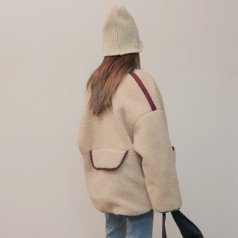 RICININA женское плюшевое пальто зимняя куртка негабаритный карман пэчворк шерсть