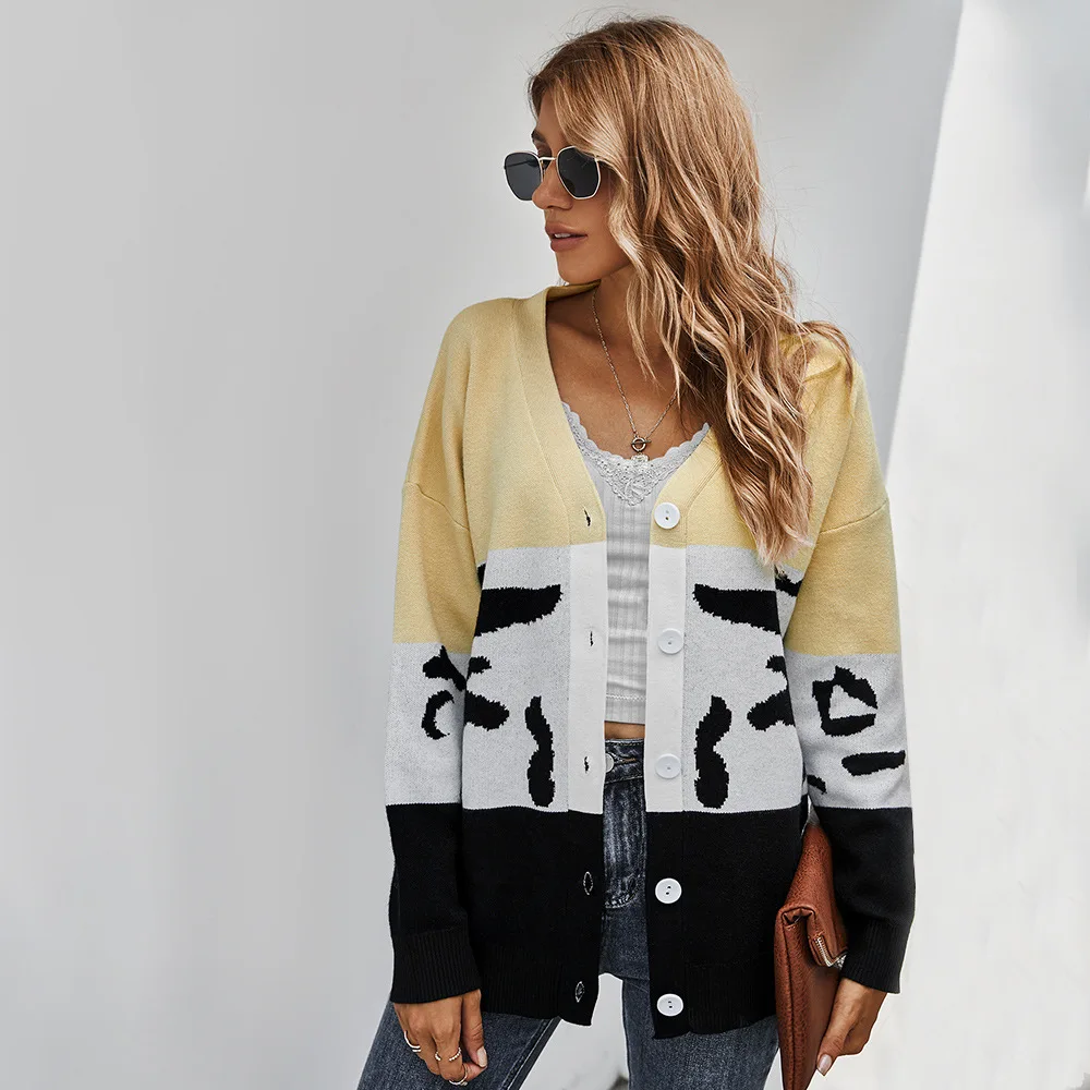 

original! Cross border women's clothing eBay Amazon 2020 winter new color contrast cardigan sweater coat women's clothing