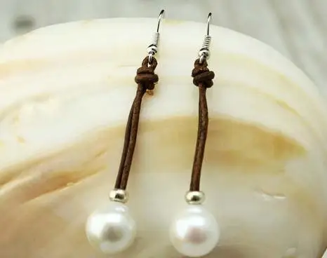 

New Favorite Pearl Jewelry Huge 12MM Rice White Genuine Freshwater Pearl Leather S925 Silver Friendly Bridal Dangle Earrings