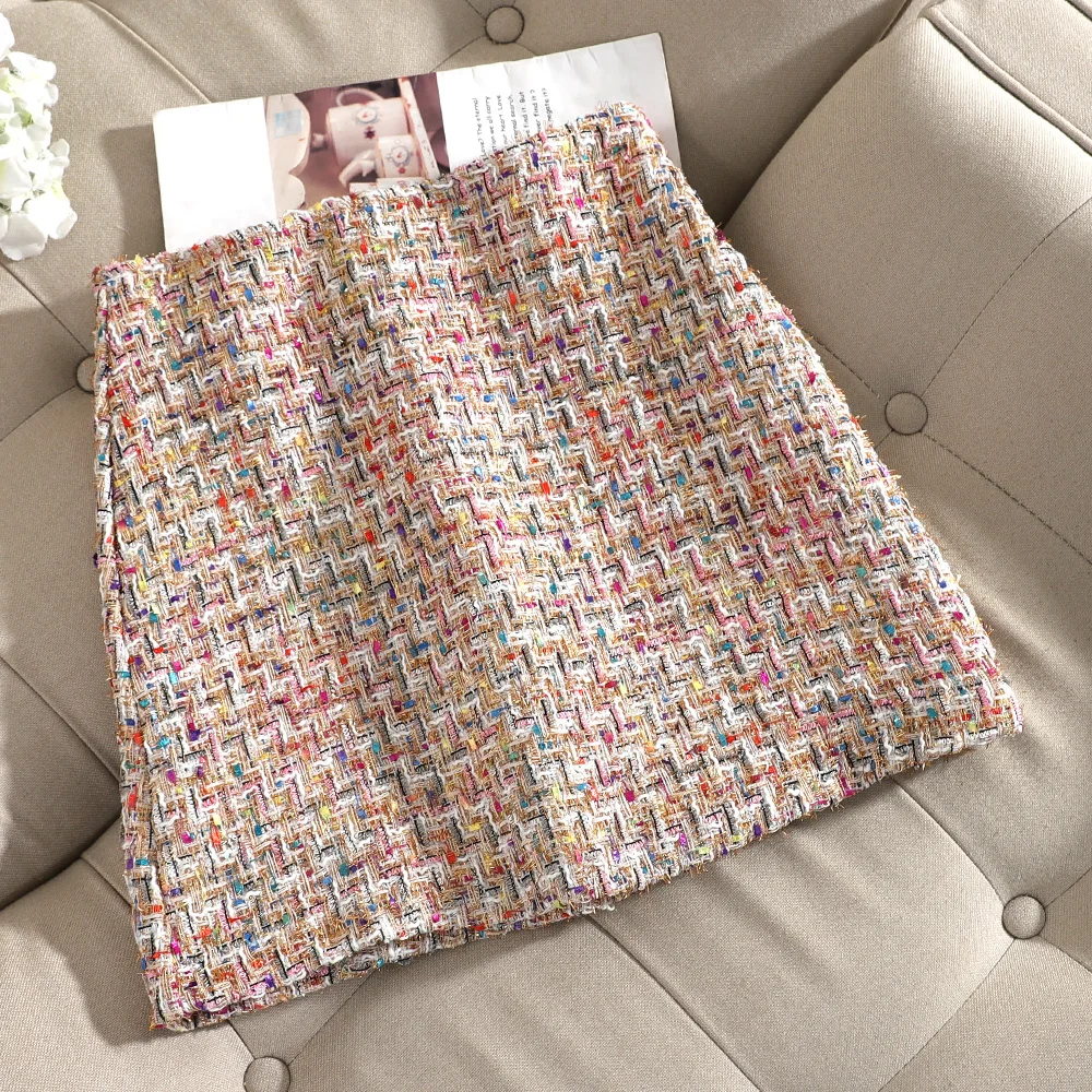 Твидовый плед Новый с высокой талией золотой шелк на сумку юбку бедра женщин |