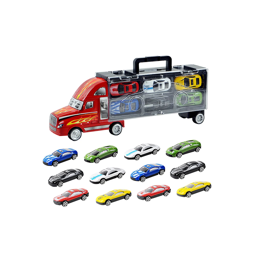 

12pcs Small Alloy Cargo Car Set Portable Cargo Truck Double-Sided Container Truck With Handle Transparent Flip Models Toy Car