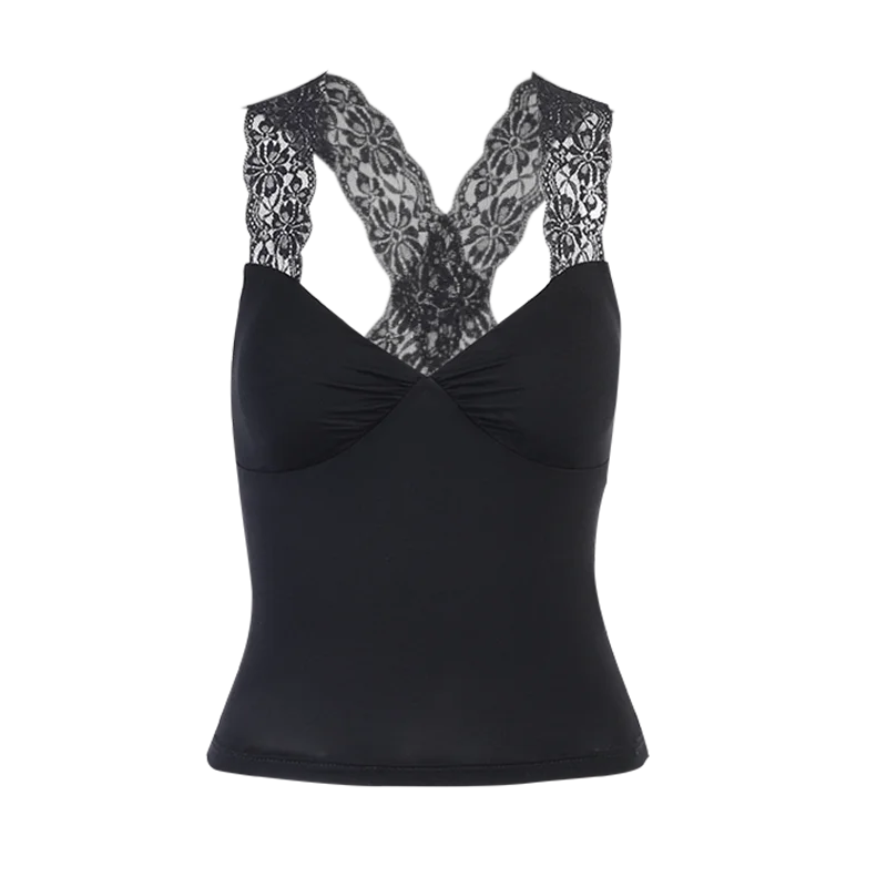 

Gothblack Solid Splice Lace Sleeveless Crop Top Women Fashion Slim Dark Backless Tank Tops Summer Mall Streetwear Casual Tops