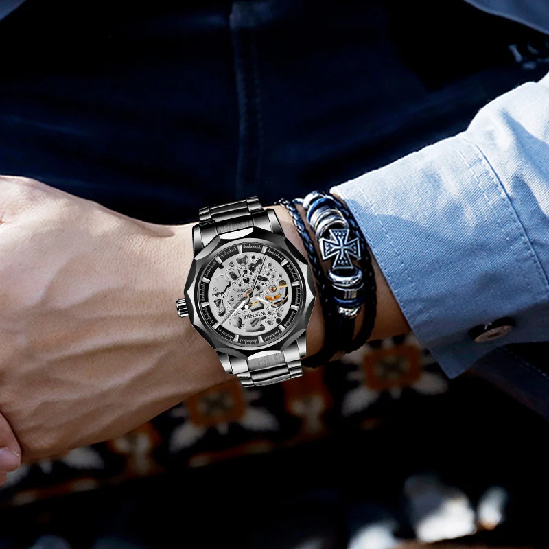 

New WINNER Relojes Watches Top Branded Mens Classic Stainless Steel Self Wind Skeleton Mechanical Watch Fashion Cross Wristwatch