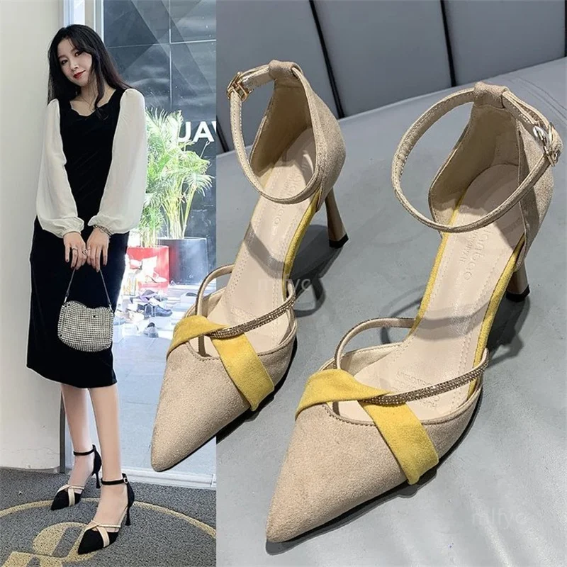 

High-heeled sandals female 2021 summer new style with fairy style casual color matching pointed toe stiletto hollow single shoes