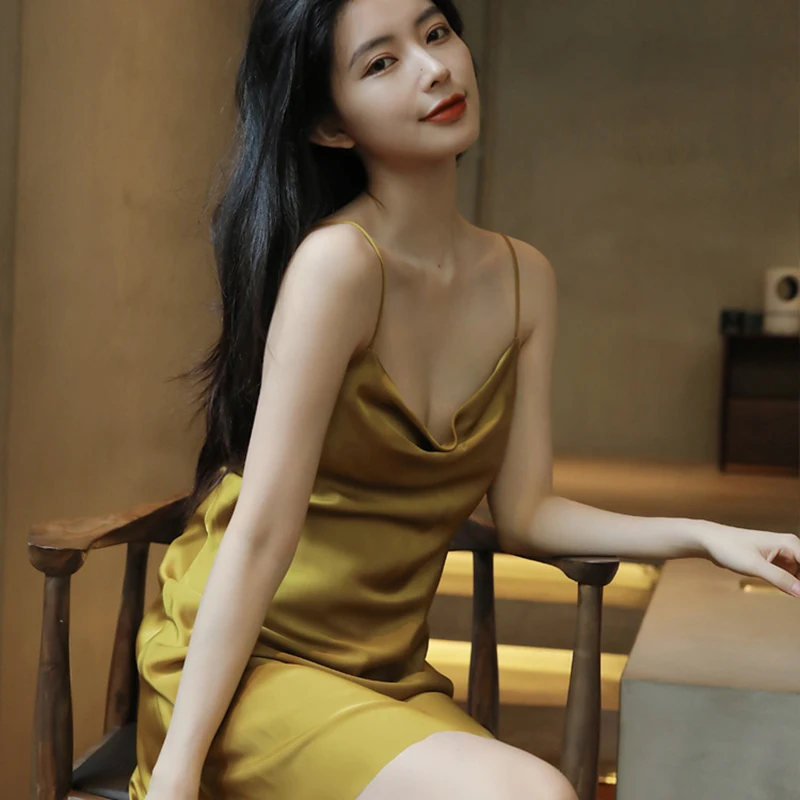 SR120 Summer Sexy Sleepwear Silk Satin Nightdress Women's Nightgowns Sweet Lace Sleep Dress Nighty Sling Skirt Soft Homewear