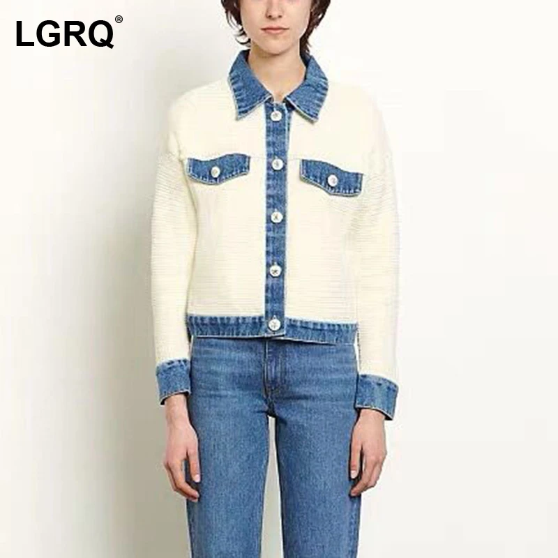 

Женская джинсовая куртка составного кроя [LGRQ], бежевая трикотажная куртка с отложным воротником и длинным рукавом, модный тренд, весна-осень...