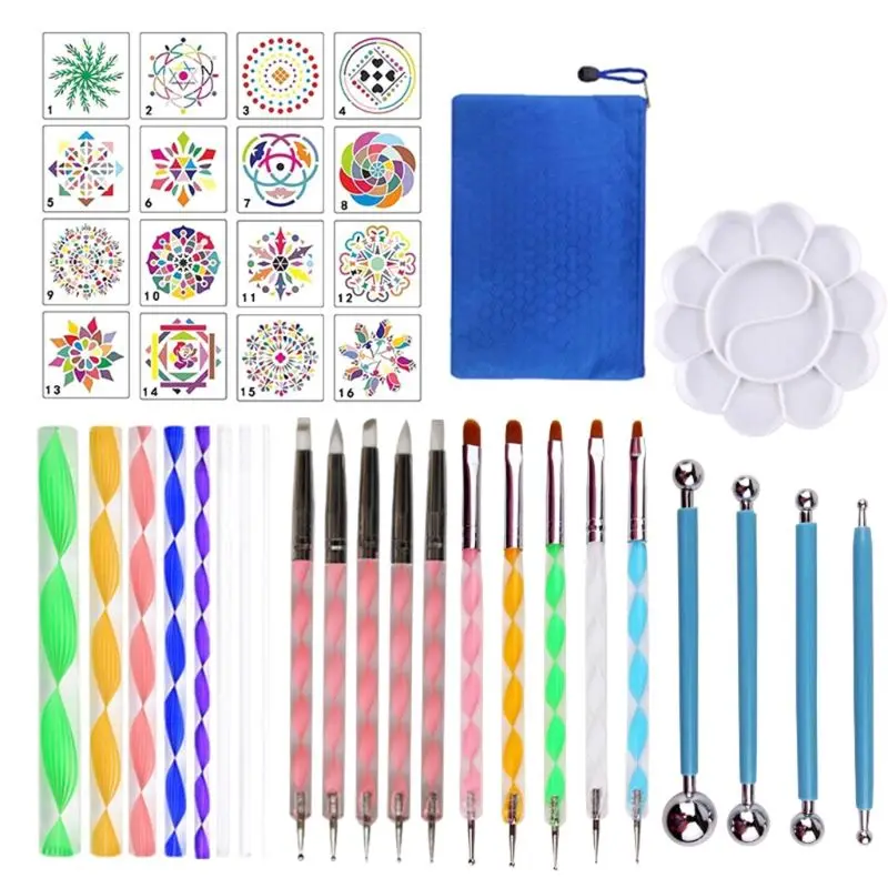 

40pcs/set Mandala Dotting Tools Set for DIY Painting Rock Stone with Stencils Template Brush Tray Bag