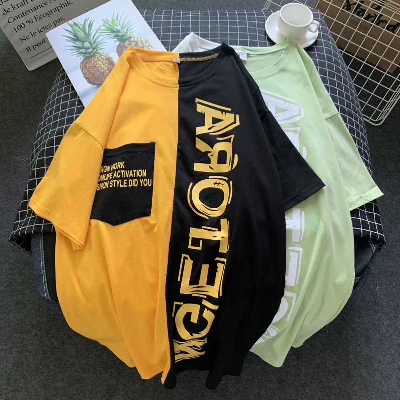 

Женские короткие футболки средней длины из 100% хлопка, футболки с принтом карманов в Корейском стиле, топы размера плюс, футболка в стиле Хар...