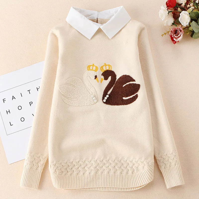 Beige Вязаный свитер с героями мультфильмов; Кардиган для девочек; сезон осень-зима; детский пуловер; повседневная одежда; Детский свитер для детей 10, 12, 14 лет - Цвет: Beige