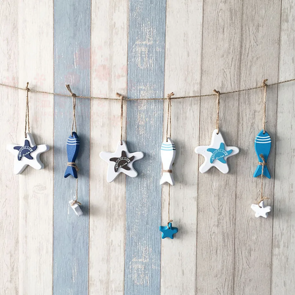 

NEW 1 Pcs Mediterranean Starfish Hung Fish Nautical Decor hang small adorn Wood Crafts decorated marine pendant For Kid Room