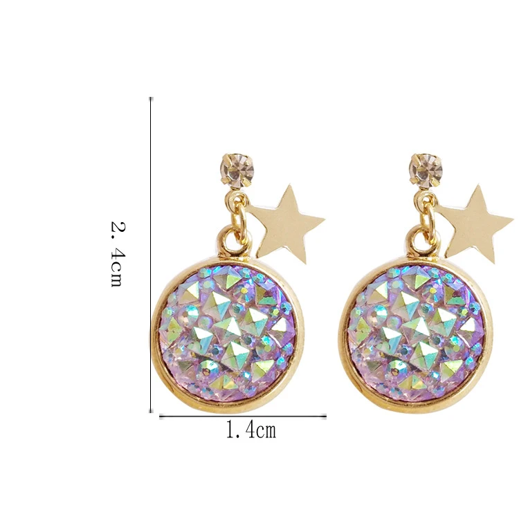 Simple Rhombic Star Resin Round Disc Clip Earrings Women Shinny Bright Purple Stone Clip on Earrings No Pierced Hole