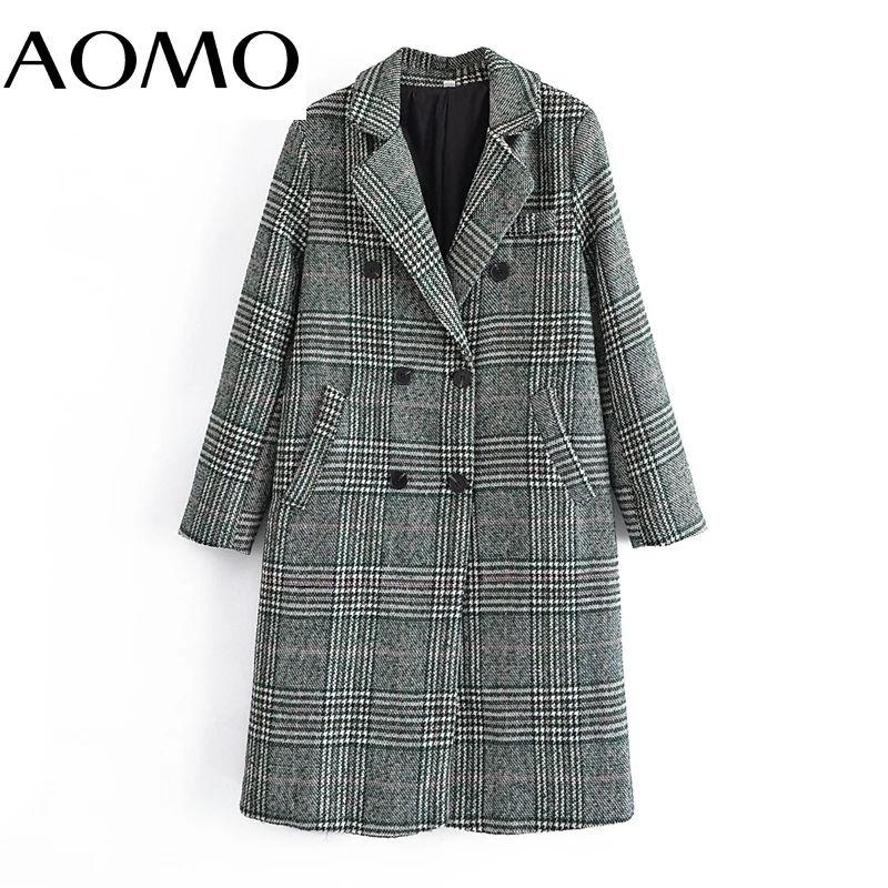 

AOMO 2021 Winter Women Green Plaid Long Coat Warm Thick Elegant Long Sleeve Coat Female Overcoat 3W106A