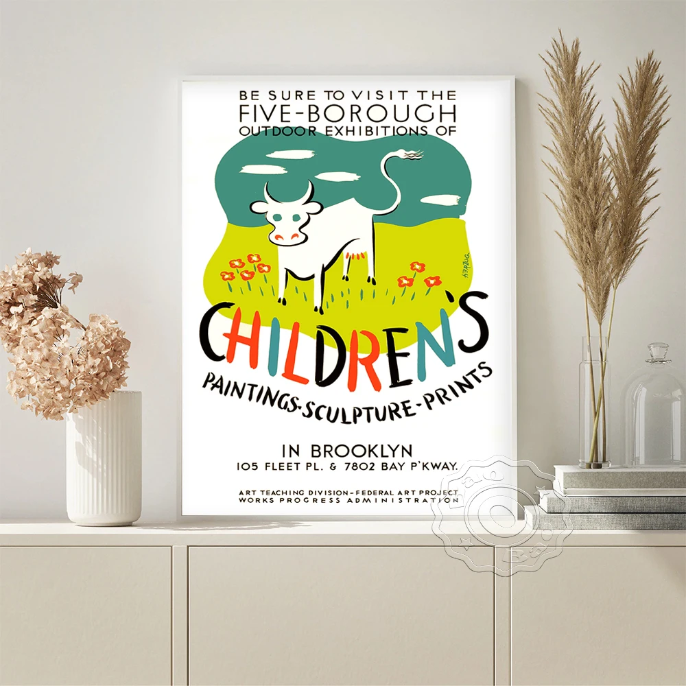 

Children Painting Exhibition Vintage Art Prints Poster Animal Cow Canvas Cartoon Wall Stickers Lounge Office Studio Home Decor