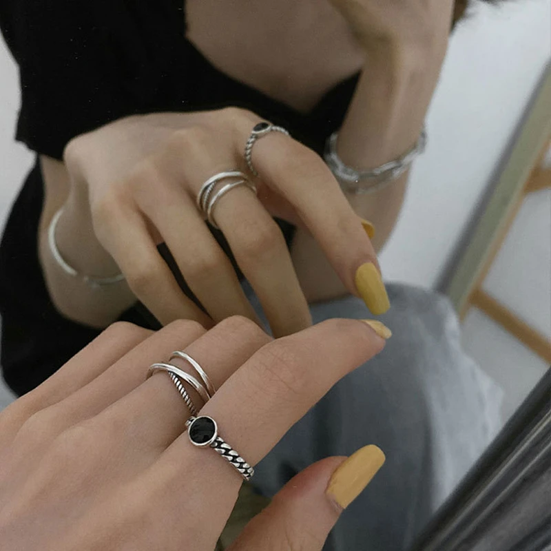 

QMCOCO Fashion Silver Color Jewelry Black Stone Creative Personality Retro Adjustable Rings For Woman Birthday Gift