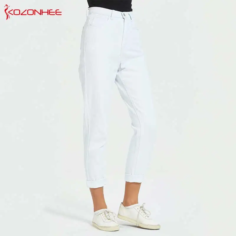 

Casual Cotton white MOM Jeans Women High Waist Female Women's Inelastic Straight Jeans Plus Size #86