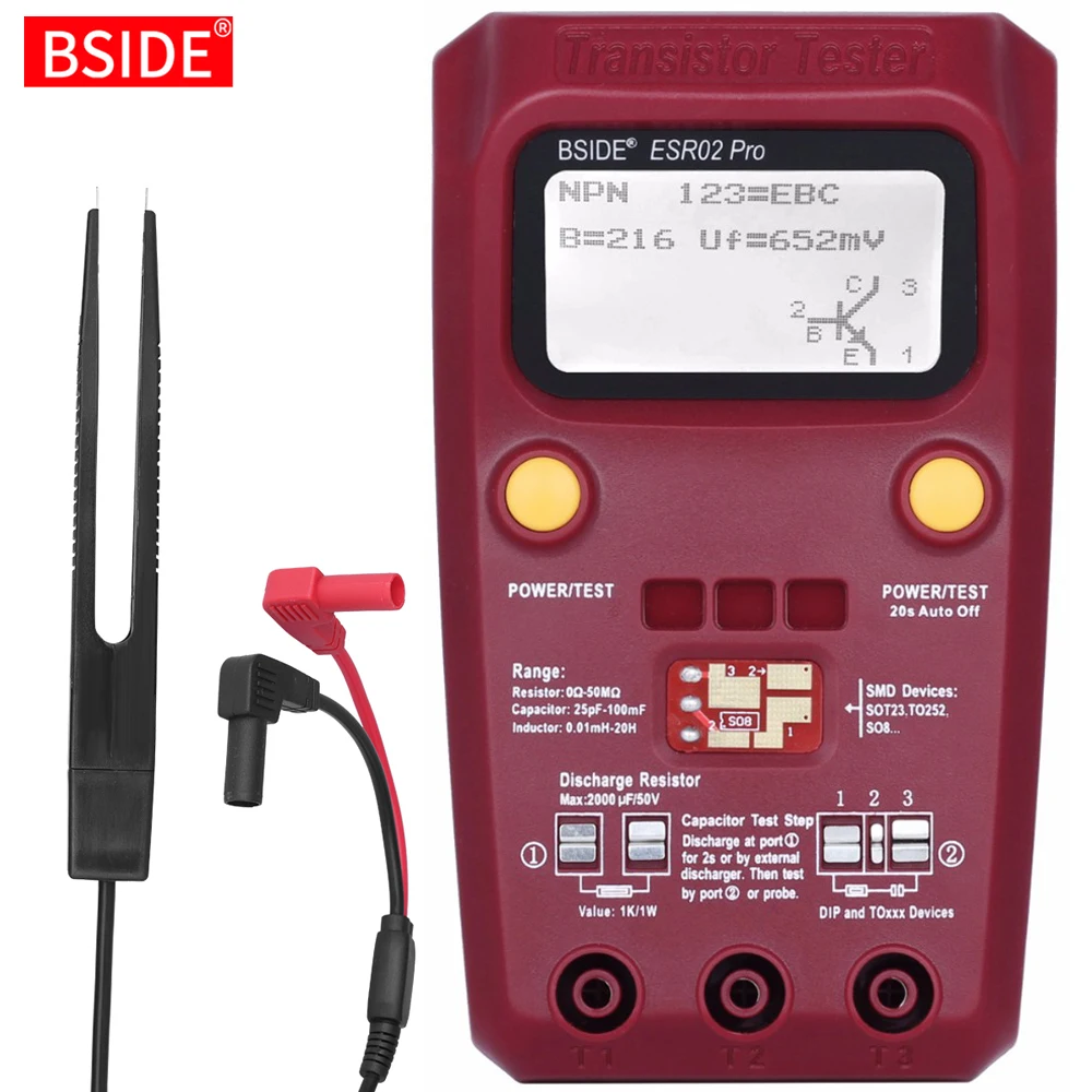Многоцелевой тестер транзисторов ESR/SMD BSIDE ESR02pro, измеритель емкости диодов и триодов, ЖК-Измеритель Lcr - изображение