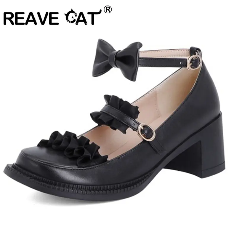 

REAVE CAT 2021 Spring Bowtie Pumps Lace Mary Jane Round Toe Sweet Ankle Buckle Strap 6cm Square High Heel Big Size 33-42 US11