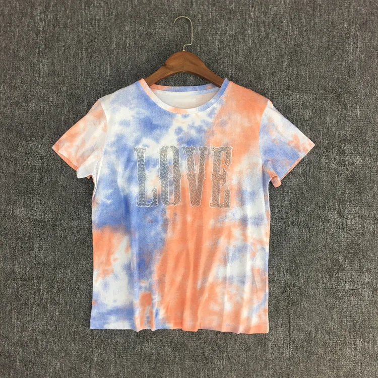 Женская футболка с принтом «Tie-dye», Женская хлопковая футболка с надписью «Hot Drilling LOVE», женская одежда с коротким рукавом и градиентом