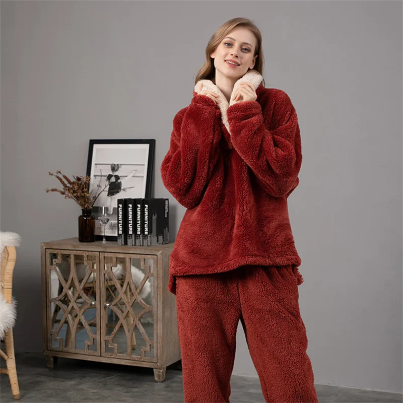 Women Flannel Pajama Set Solid Color Hooded Long Sleeve Top and Pants Nightwear Ladies Winter Thick Warm Homewear loungewear