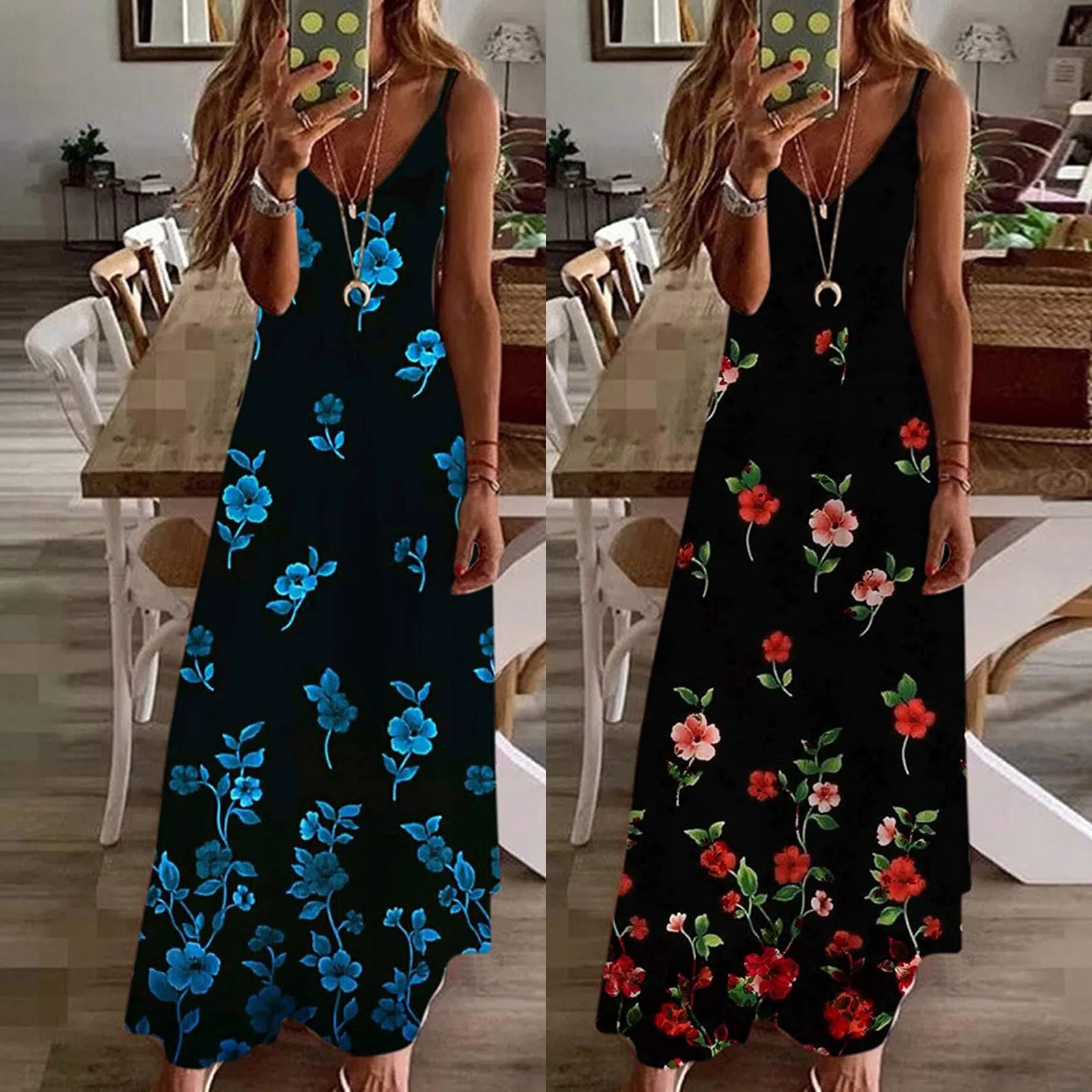 

Women Casual Plus Size Print V-Neck Sleeveless Maxi Long Dress vestido de mujer summer dress платья для женщин