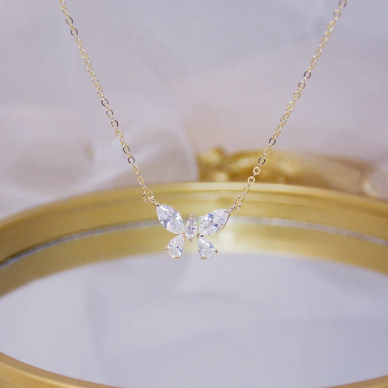 

High Quality 14K Real Gold Butterfly Fairy Earrings and Necklace Set for Women Top Designer Luxury Zirconia S925 Silver Needle