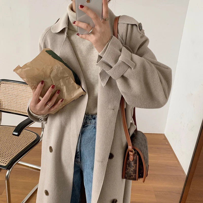 

Alien Kitty French Warm Female Double Breasted Belt Winter Retro Elegant Loose Solid Women Woolen Coats Chic Casual Long Clothe