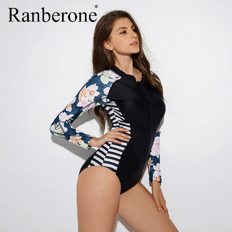 Ranberone 2020 Женский Цельный купальник с принтом длинным рукавом сексуальный