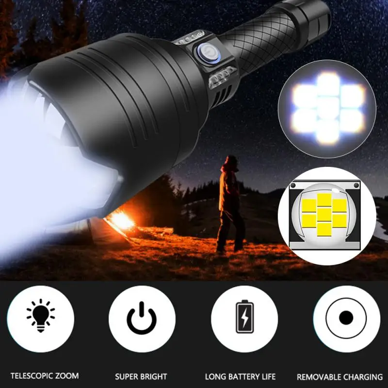 

2021 7-core P10 Zoom USB Charging Power And Brightness Display Large Lens Wide-angle Bright Light Flashlight