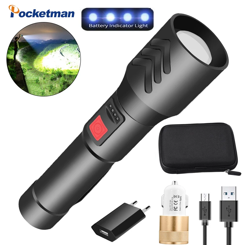 

Telescopic Zoom Flashlight XHP50 Flashlight Torch Strong Light Outdoor Multi-Function Portable Lanterna With Pen Holder