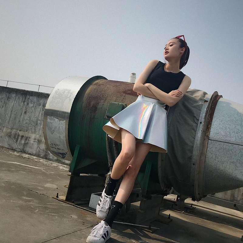 

Summer New Harajuku Dance Team Costume Women Skirt Bright Pu Leather Skirt Pettiskirt Style High Waist Student Laser Skirt