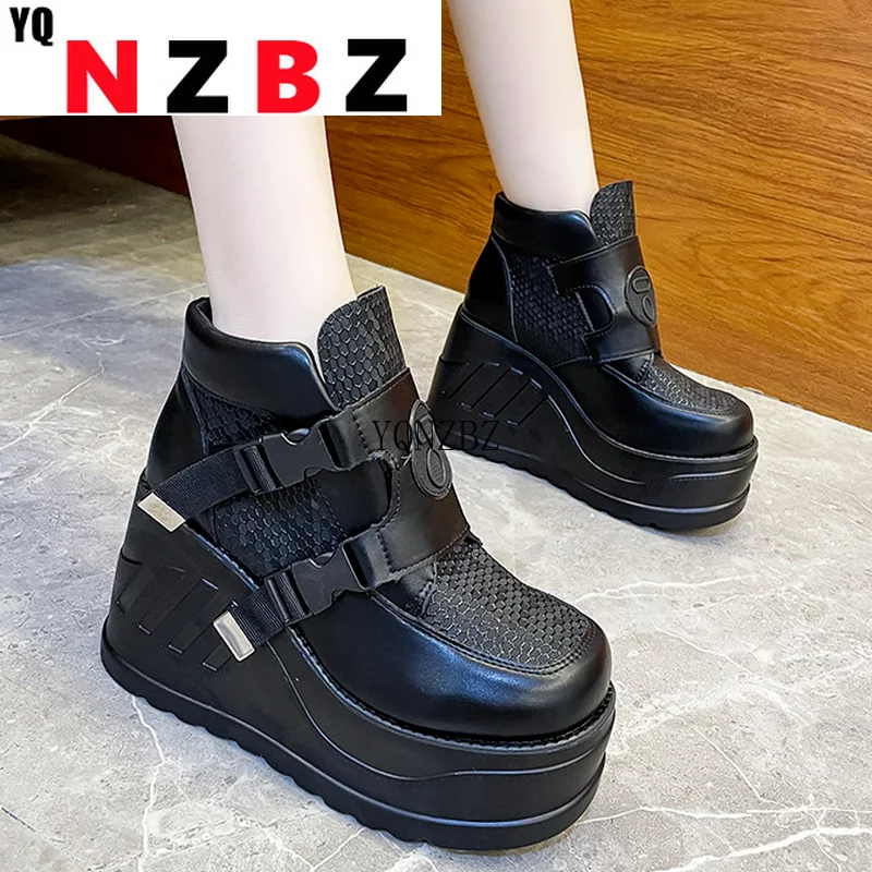 

Autumn 2022 Female Pu Leather Sexy Wedge Women's Boots Thick-soled Round Toe Zipper Comfortable Buckle Female Ankle Boots 35-43