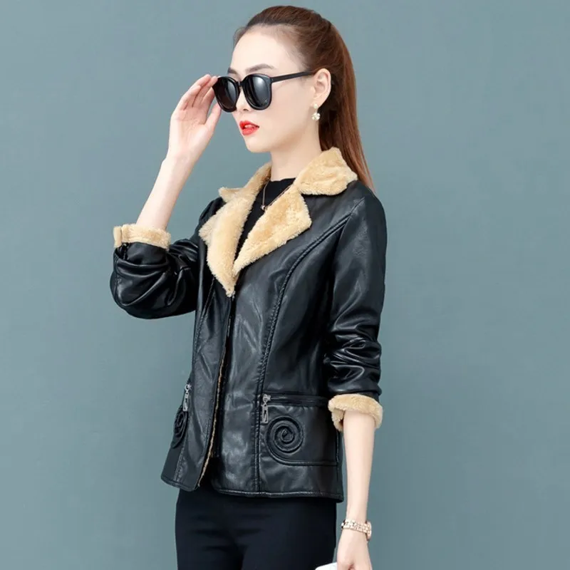 Толстые теплые женские Куртки из искусственной кожи с флисовой подкладкой