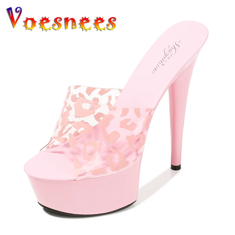 

Voesnees NEW Slippers Women Shoes Summer Black Thin Heels 15 cm Leopard Fishmouth Platform Nightclub Fun Shoes Outside Slides
