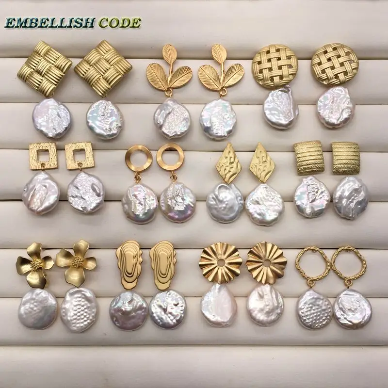 

17mm Flat Nearround Coin Stud Dangle Earring Frosted Golden With White Natural Freshwater Pearls 14 Style