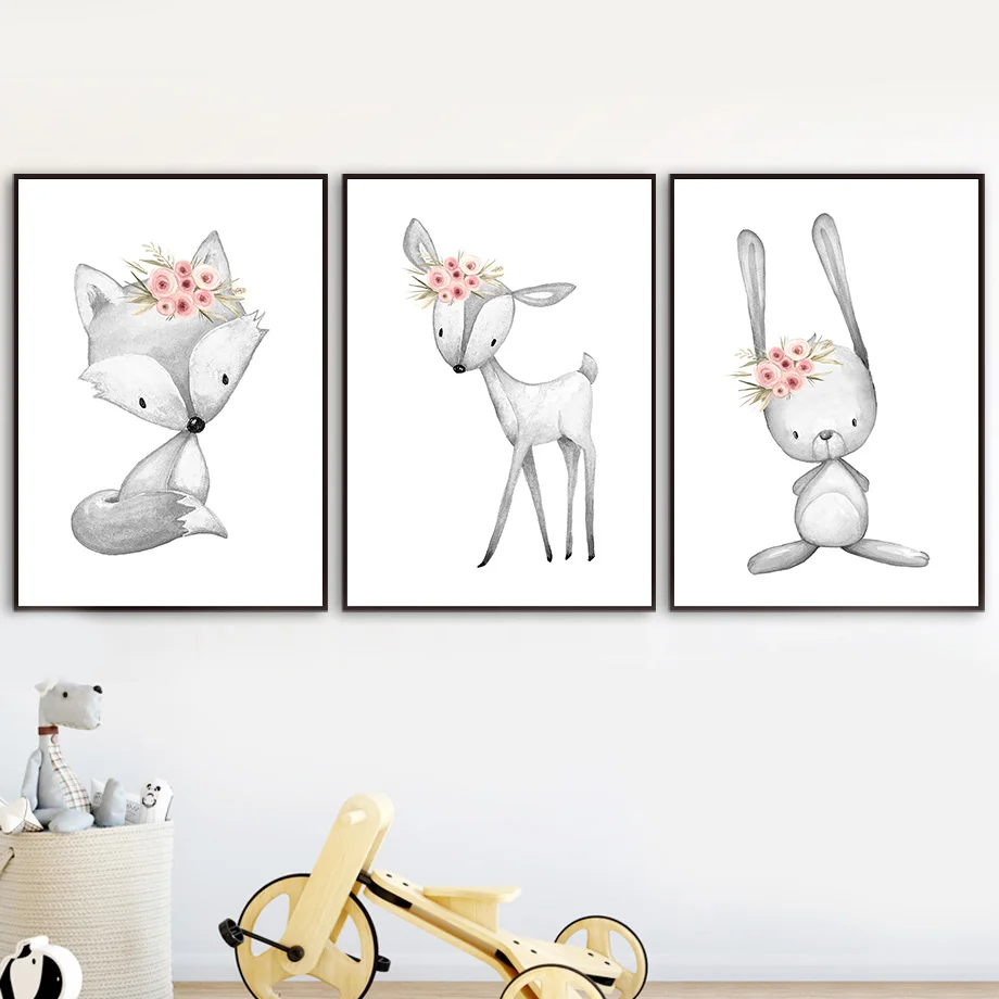 

Flower Deer Fox Rabbit Raccoon Squirrel Bear Wall Art Canvas Painting Nordic Posters And Prints Wall Pictures Kids Room Decor