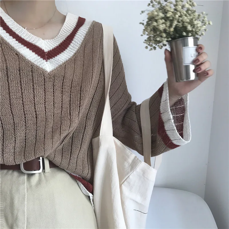 

new Korean chic loose v-neck knitted Sweaters Women's Clothing autumn fashion patchwork long sleeve pullovers casual ladies tops