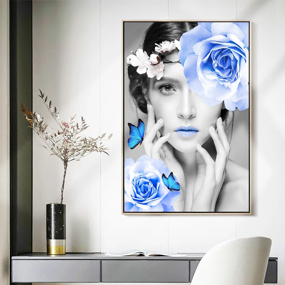

Modern abstract flower butterfly woman oil painting fashion style wall decoration art poster living room corridor bedroom mural