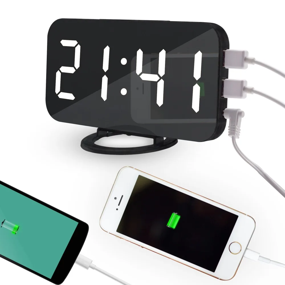 

LED Digital Alarm Clock Auto Adjust Brightness USB Output Snooze Mirror Clock