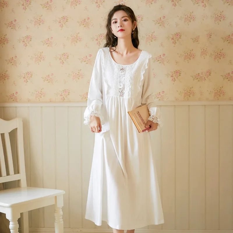 

Long Sleeve Nightdress Women's Cotton Palace Style Retro Sweet Princess Loose Plus Size Home Service Sexy Embroidered Pajamas