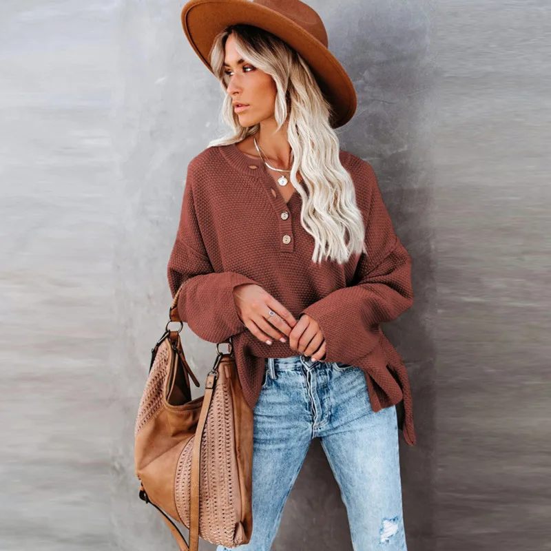 Женский трикотажный свитер с V-образным вырезом и длинным рукавом | Женская